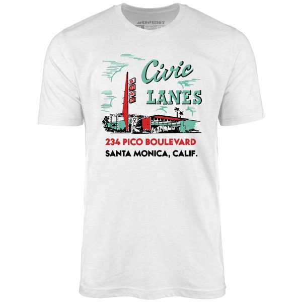 Civic Lanes - Santa Monica, CA - Vintage Bowling Alley - Unisex T-Shirt Online now - Image 4