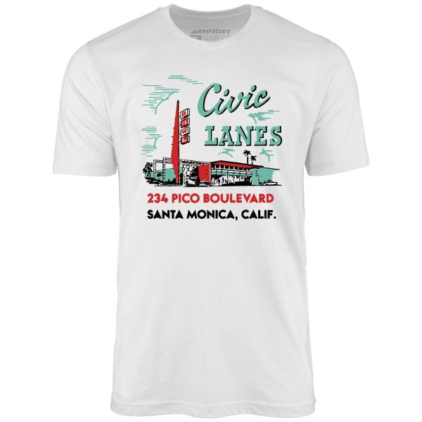 Civic Lanes - Santa Monica, CA - Vintage Bowling Alley - Unisex T-Shirt Online now - Image 3