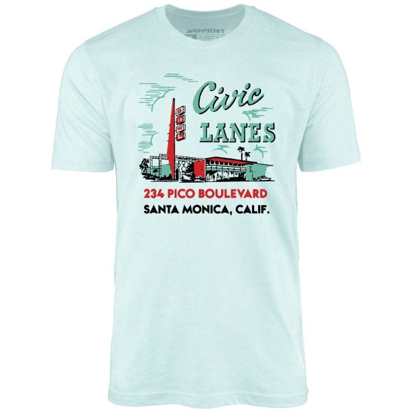 Civic Lanes - Santa Monica, CA - Vintage Bowling Alley - Unisex T-Shirt Online now - Image 5