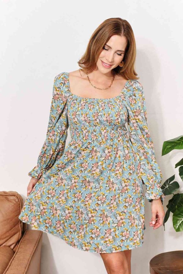 Double Take Floral Smocked Flounce Sleeve Square Neck Dress Online